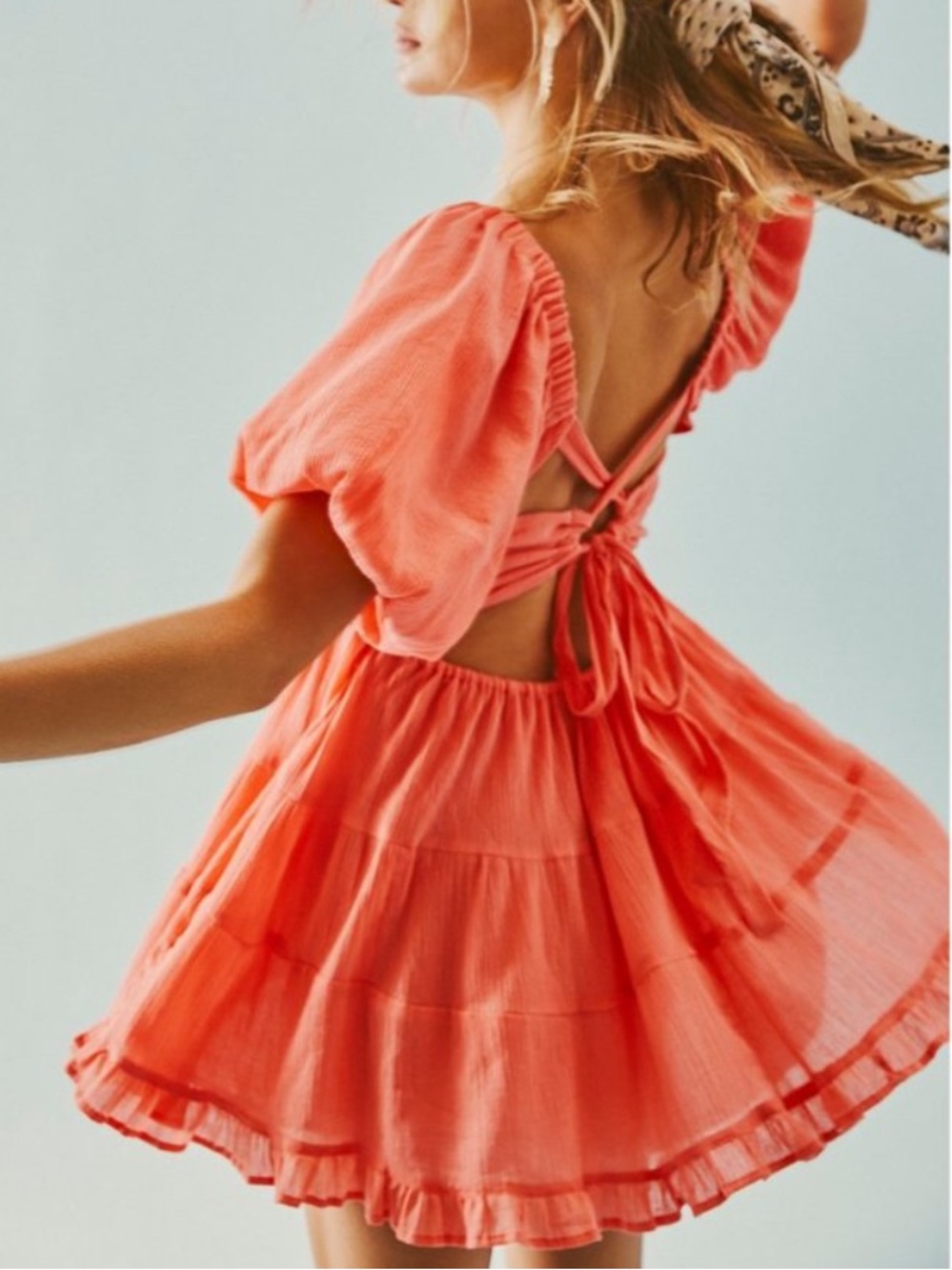 Free People NWT Perfect Day Mini Cotton Watermelon Coral Open-Back Tie Dress